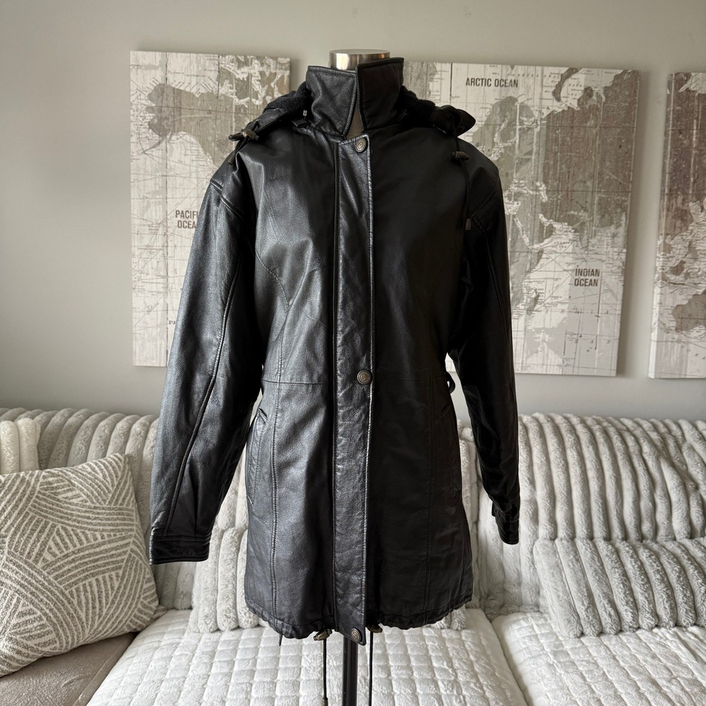 Tanners Bay Black Genuine Leather Hooded Parka Jacket Tie Waist womens Large